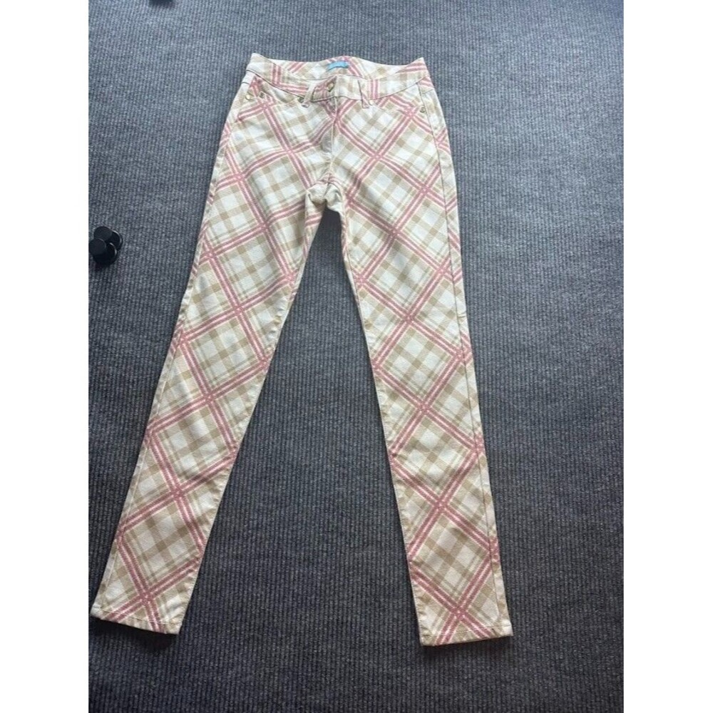 J. McLaughlin Women's 2 Lexi Jean Diamond Plaid Print Pink Brown Ivory Mid-Rise